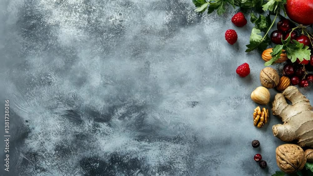 Fresh fruits, nuts, and herbs on a textured surface representing healthy choices for diabetes management concept