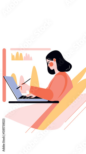 Female asian adult working on laptop with stylus in minimalist workspace
