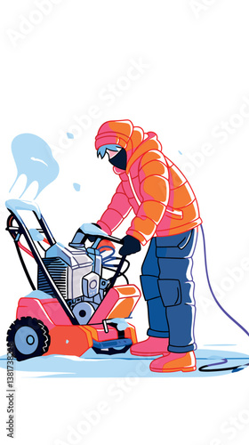 Asian male adult operating snowblower in winter gear illustration