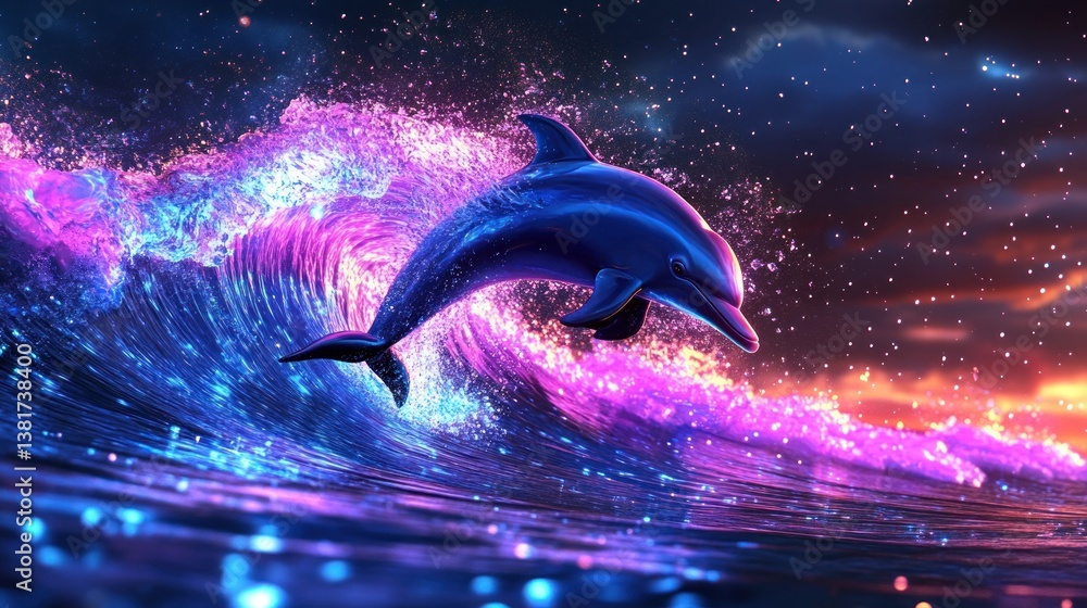 A neon dolphin leaping through a glowing wave in a vibrant surreal galaxy