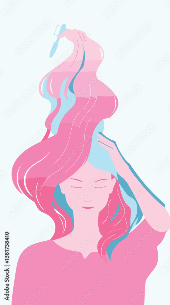 Minimalist illustration of young asian female with long colorful hair Minimalist illustration of young asian female with long colorful hair