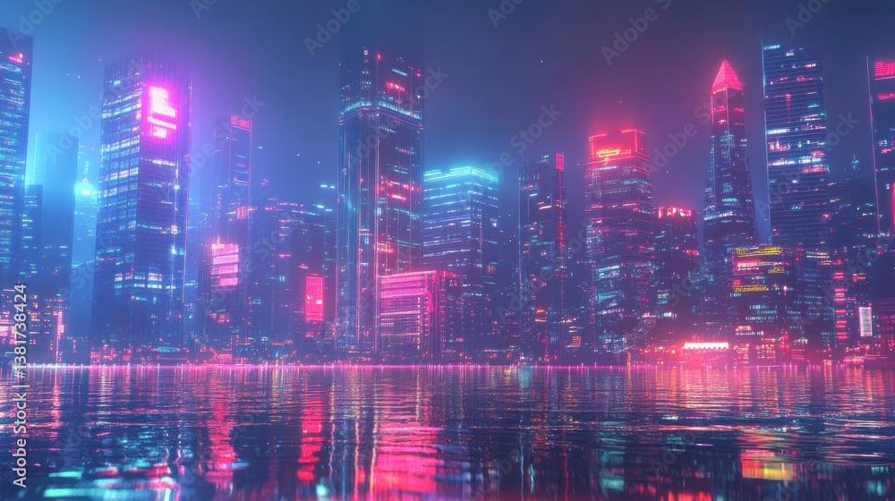 Vibrant Cyberpunk Cityscape at Night Reflected in Water with Neon Illumination