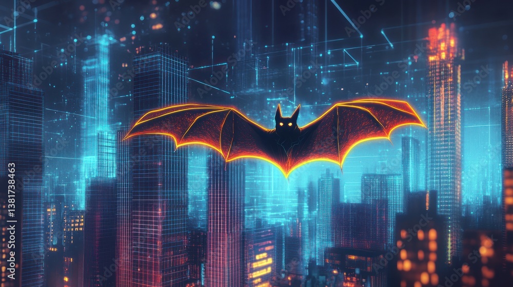 Futuristic nocturnal flight: A neon bat soaring through a digital cityscape at dusk