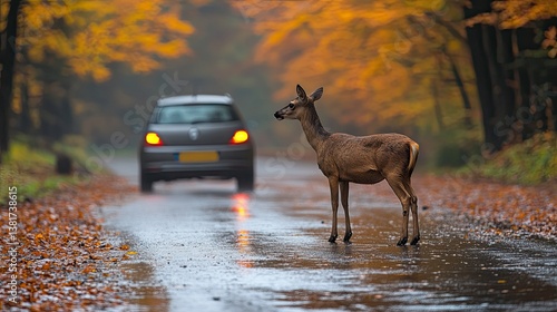 Wild animal accident in autumn on a wet road, 
