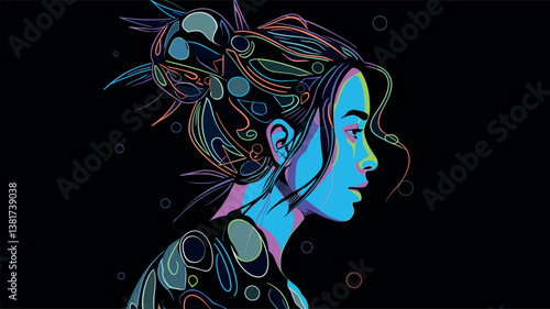 Colorful abstract portrait of asian female in profile with neon accents on black background