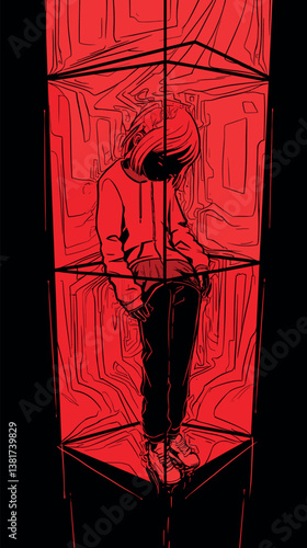 Red illustration of female child in isolated box with abstract patterns