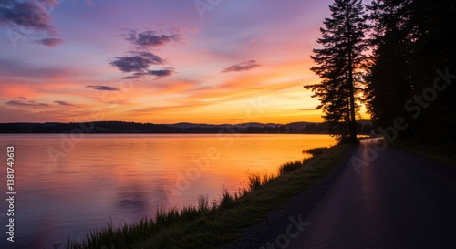 Fototapeta Naklejka Na Ścianę i Meble -  A serene sunset over a calm lake reflects vibrant oranges, pinks, and purples. Silhouetted trees line the shore, and a winding road invites exploration.
