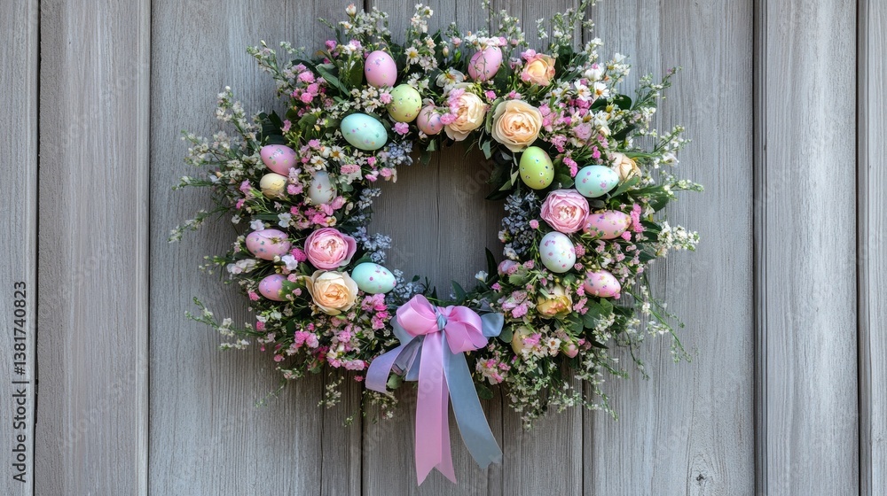 This vibrant wreath showcases an array of pastel flowers and painted eggs, beautifully arranged for Easter festivities. Decorated with a lovely bow, it adds charm to any door This vibrant wreath showcases an array of pastel flowers and painted eggs, beautifully arranged for Easter festivities. Decorated with a lovely bow, it adds charm to any door