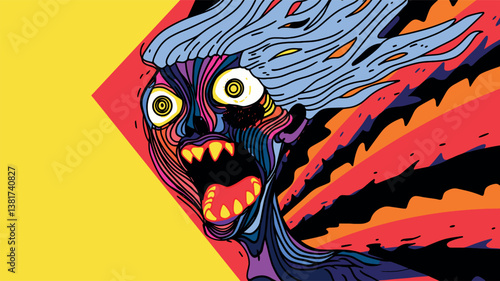 Abstract surreal expression of fear with vibrant colors and distorted features