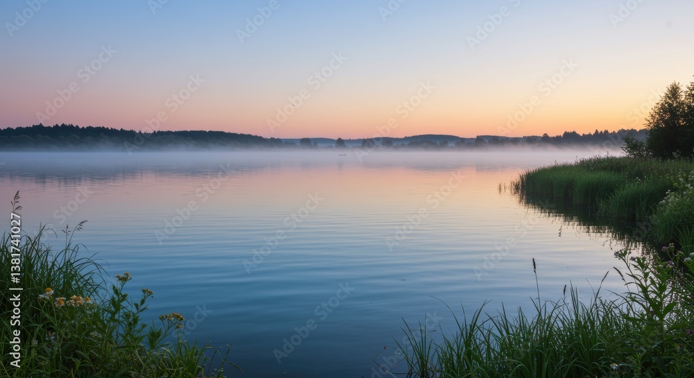 A tranquil lake at dawn, with gentle ripples reflecting pastel sunrise colors. Mist hovers over the water, framed by lush greenery and colorful wildflowers. A tranquil lake at dawn, with gentle ripples reflecting pastel sunrise colors. Mist hovers over the water, framed by lush greenery and colorful wildflowers.