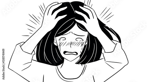 Illustration of distressed young female grabbing head in frustration