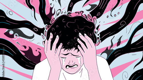 Distressed young male experiencing anxiety with abstract background