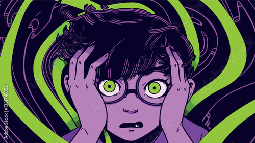 Shocked animated character with green eyes and bright purple complexion