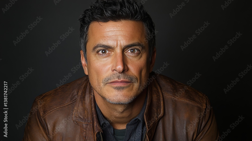 Confident Man in Casual Leather Jacket with Intense Gaze Confident Man in Casual Leather Jacket with Intense Gaze