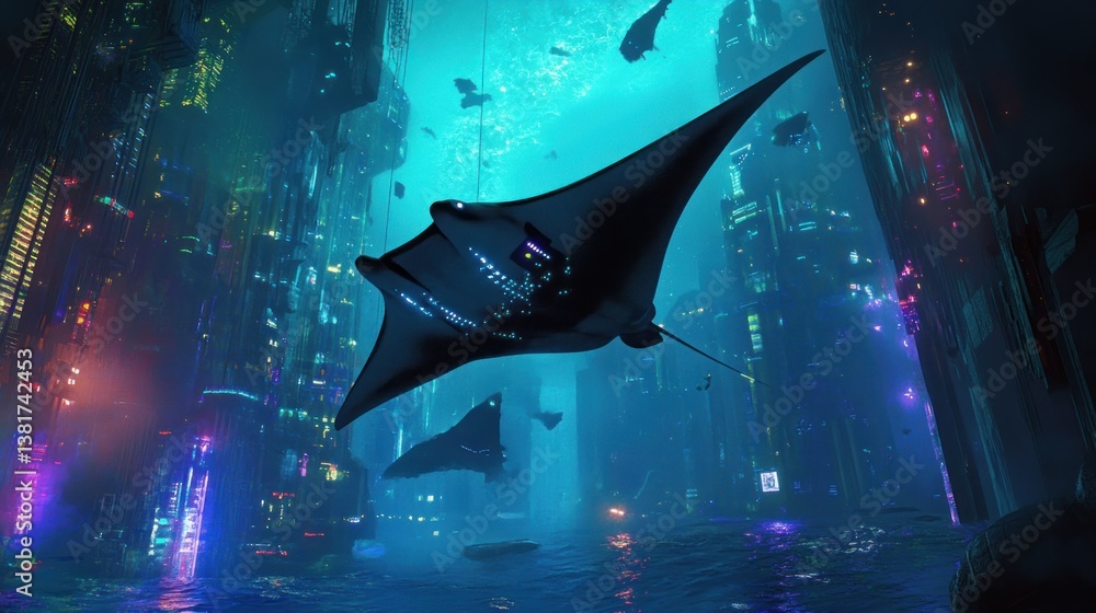 Futuristic Aquatic Metropolis with Bioluminescent Manta Rays Gliding Through Neon Waters