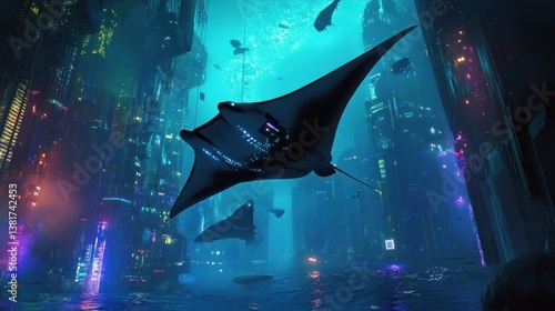 Obraz na płótnie Futuristic Aquatic Metropolis with Bioluminescent Manta Rays Gliding Through Neon Waters w salonie