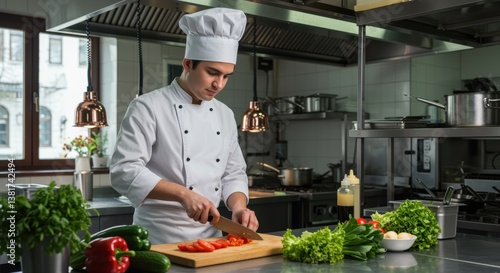 Fototapeta Naklejka Na Ścianę i Meble -  A professional chef chops fresh tomatoes in a modern kitchen, surrounded by vibrant vegetables like bell peppers and lettuce, showcasing culinary art and kitchen dynamics.