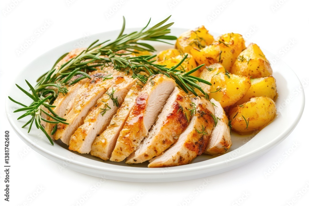 Plate of turkey breast with gratin potato. AI generated illustration. Plate of turkey breast with gratin potato. AI generated illustration.