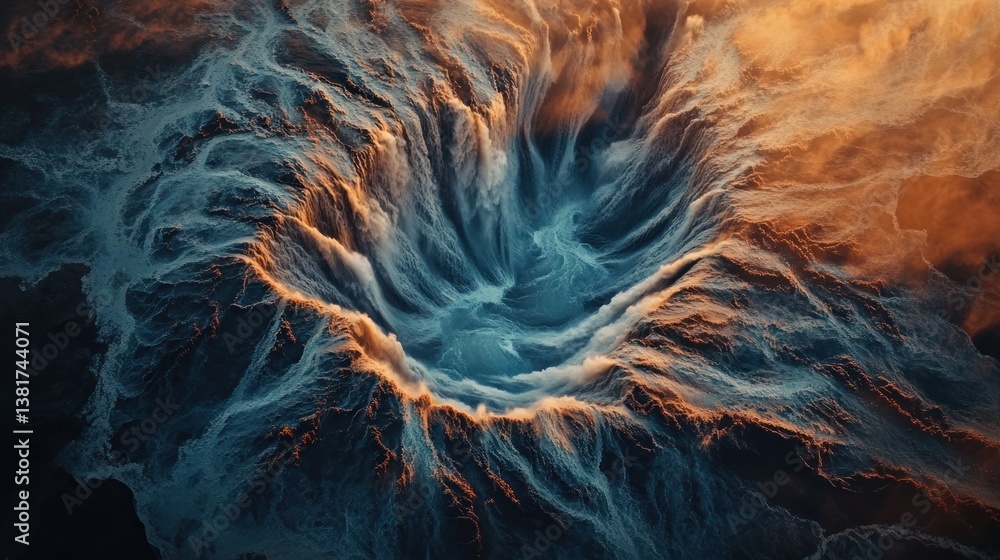 Striking aerial abstract with swirling textures, hues of ocean depths and sunset radiance