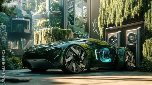 Futuristic hydrogen powered car design showcasing sustainable technology in urban nature