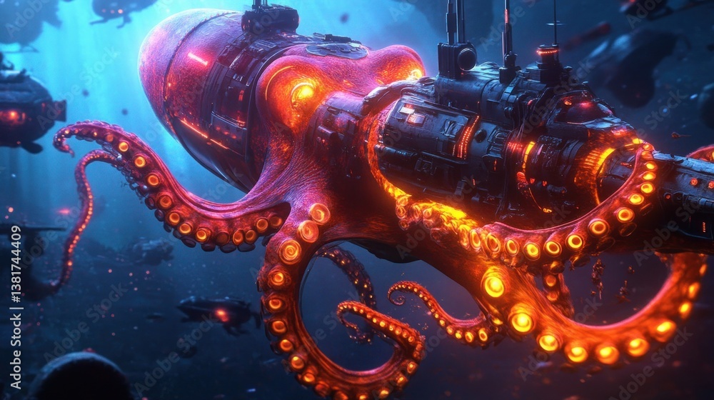 Futuristic cybernetic octopus integrating with submarine technology deep in ocean