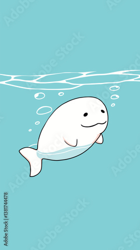 Cute cartoon beluga whale smiling underwater with bubbles on blue background
