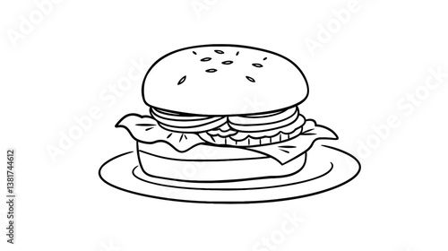 Black and white burger sketch on plate with lettuce and tomato