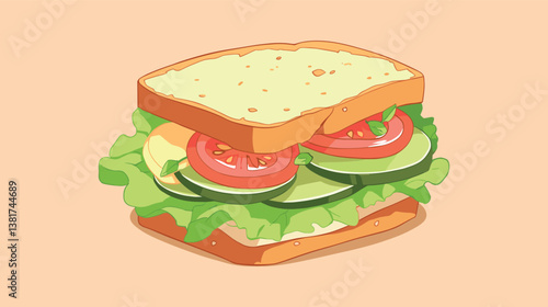 Colorful vegetables and cheese sandwich with lettuce on whole wheat bread