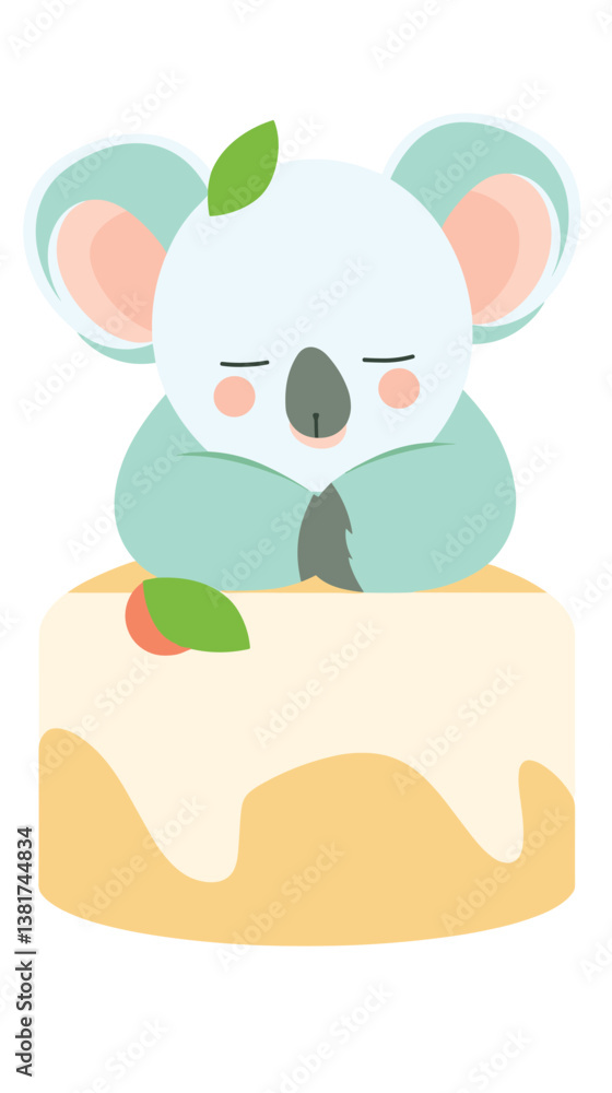 Fototapeta premium Cute sleeping koala on cake with leaves illustration