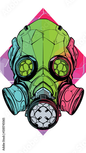 Colorful geometric gas mask art with neon accents and abstract background