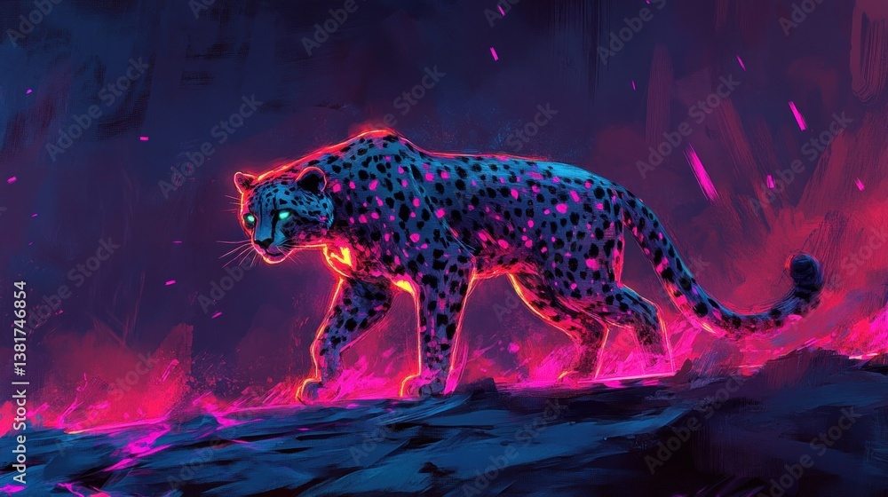 Neon Cheetah Strides in Pixelated Light, A Fusion of Nature and Technology
