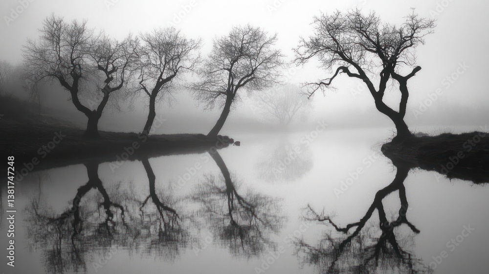 Monochromatic stillness capturing reflective bare trees in tranquil foggy waters