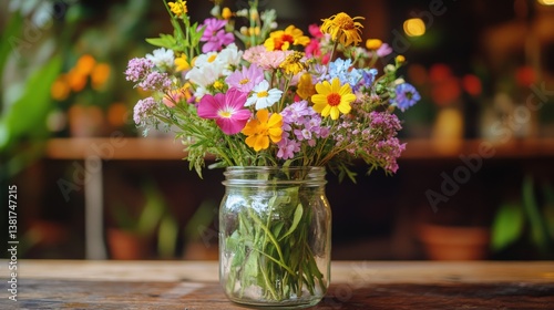 Wallpaper Mural Vibrant Flower Bouquet in Glass Jar on Rustic Wooden Table Torontodigital.ca