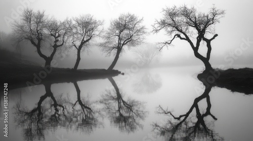 Obraz na płótnie Monochromatic stillness capturing reflective bare trees in tranquil foggy waters w salonie
