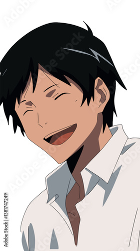 Smiling animated male character with short black hair in white shirt