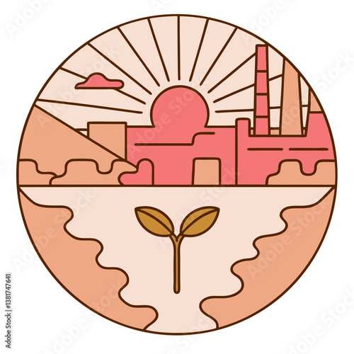 Sprout growing in polluted industrial city at sunset