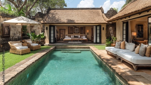 Wallpaper Mural Stylish Outdoor Lounge with Pool Surrounded by Lush Greenery Torontodigital.ca