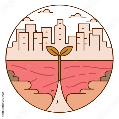 Plant sprouting from soil with city skyline in background