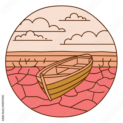 Wooden boat stranded on dry cracked lake bed
