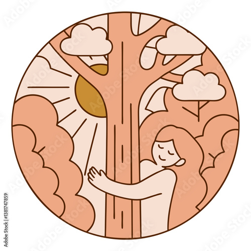 Woman hugging tree under sun in forest landscape