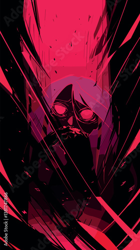 Surreal abstract art with red and black tones depicting a mysterious figure