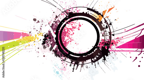 Abstract circular design with colorful paint splashes and dynamic lines