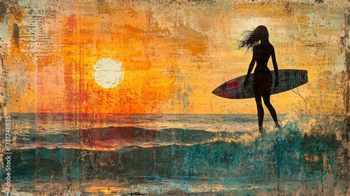 Against the backdrop of a stunning sunset, a surfer girl stands silhouetted by the golden sun, poised with her board, ready for an adventure in the waves at twilight