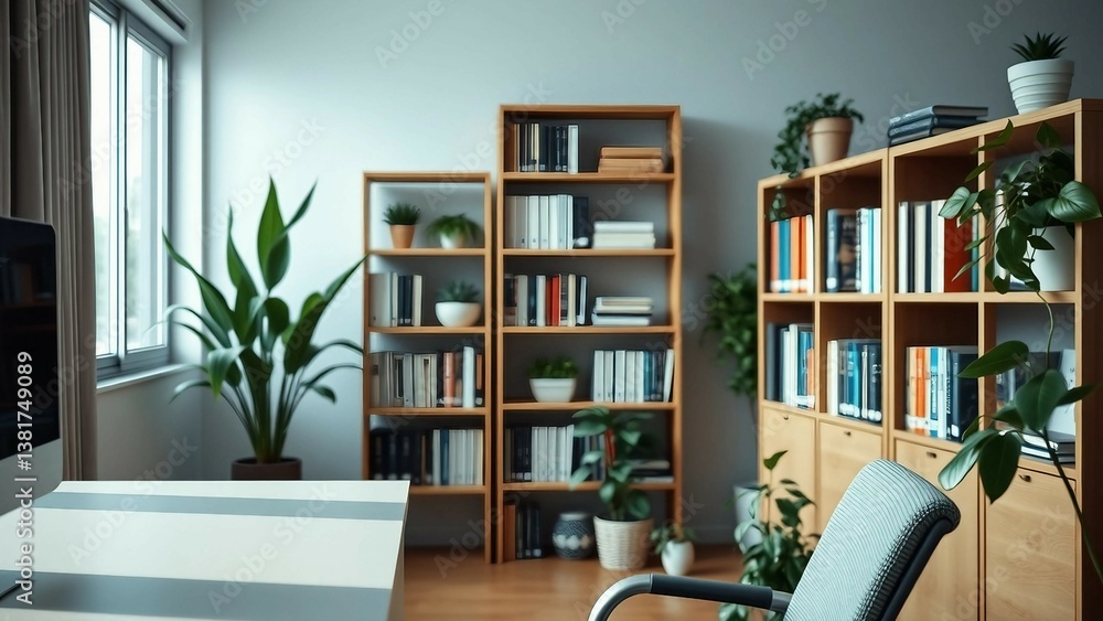 A zoom background photo of a minimalist modern office with a bookshelf and plants A zoom background photo of a minimalist modern office with a bookshelf and plants
