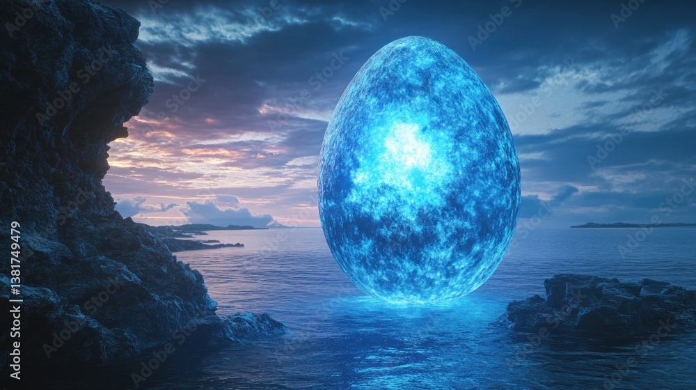 Enigmatic azure orb resting serenely amidst the tranquil waterscape at dusk scenery