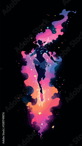 Cosmic dreamscape: female silhouette in colorful galactic smoke with stars