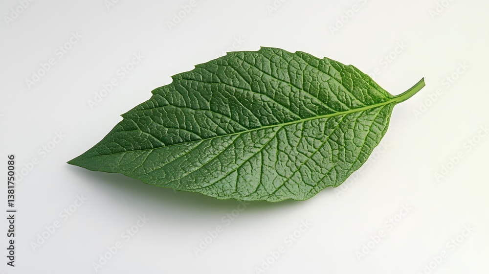 Obraz premium A lush green leaf showcasing intricate vein patterns and textured surface, set against a pristine white backdrop, highlighting nature's beauty.