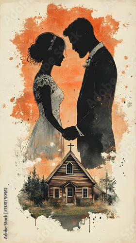 Silhouetted couple holding hands above a country church against an orange splattered backdrop evoking a romantic spiri