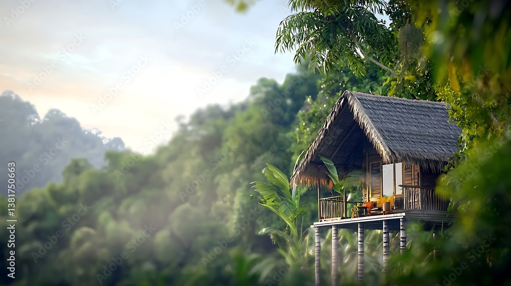 Tranquil bamboo house perched on a hill surrounded by lush greenery at sunrise Tranquil bamboo house perched on a hill surrounded by lush greenery at sunrise