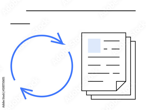 Circular arrows show iterative process beside stack of documents. Ideal for workflow, process optimization, teamwork, organization, productivity, file management, and communication. Minimalist flat